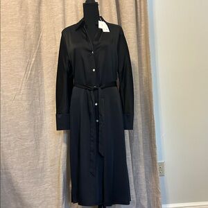 Vince Black Satin Button-Front Midi Shirt Dress with Tie Waist